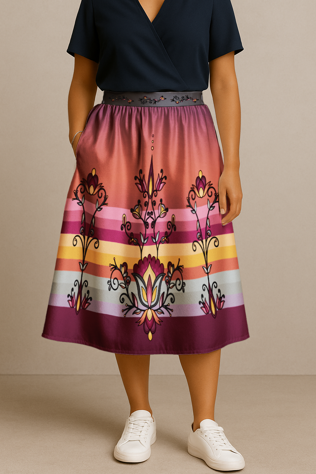 Crimson Drift Petals Midi Skirt