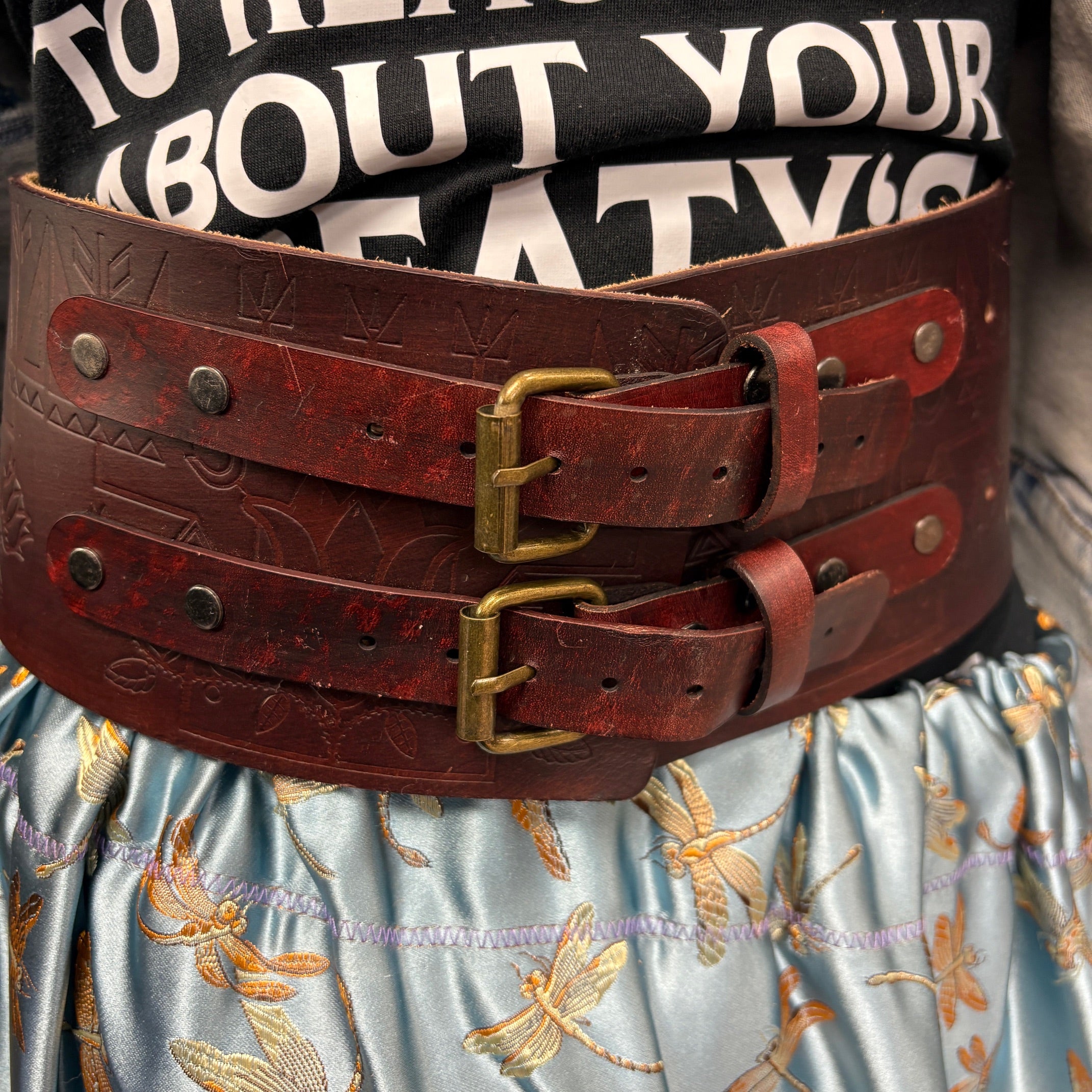 Handmade 38 in Brown Floral Geometric Buffalo Belt