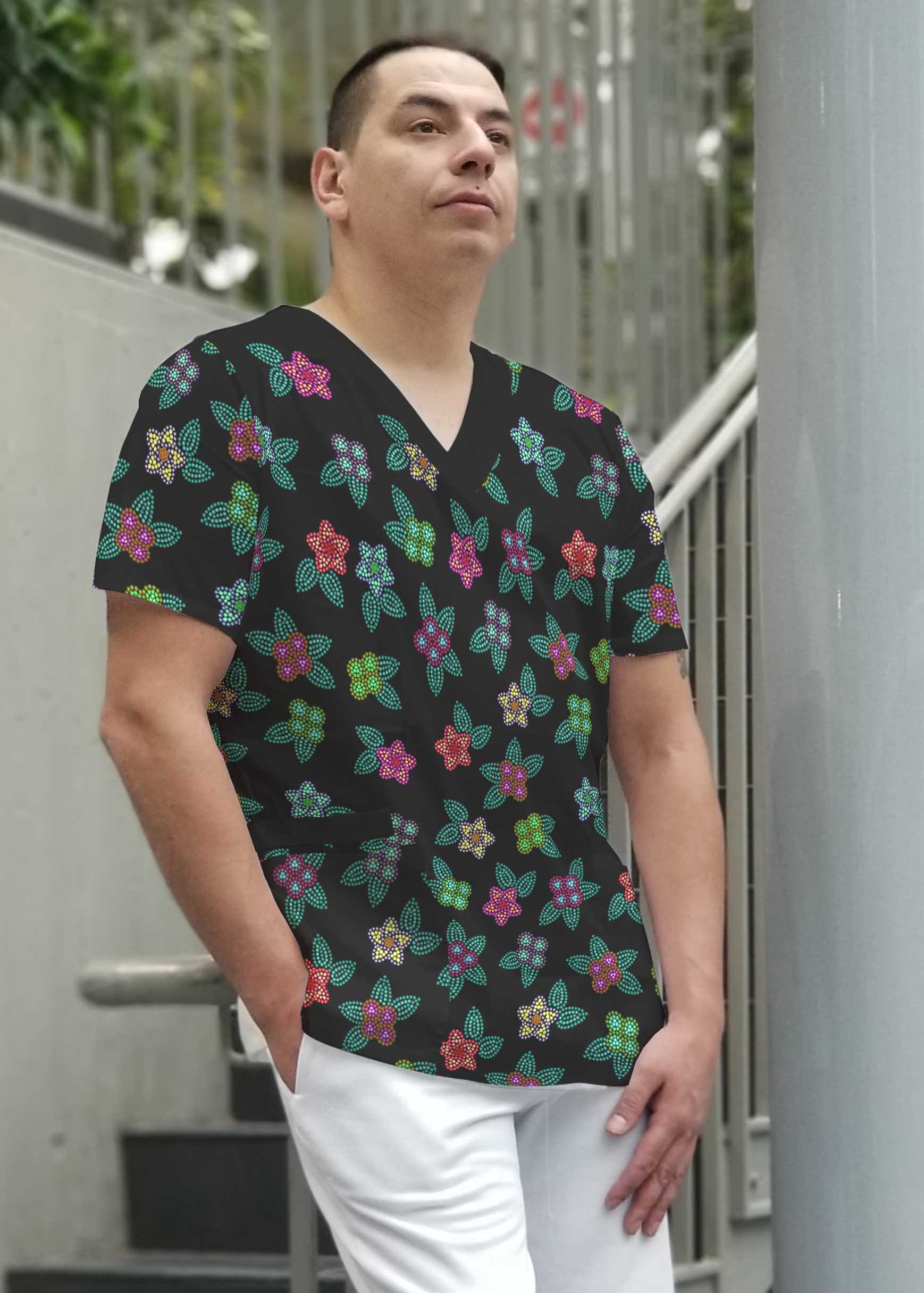 Berry Flowers Black Men's Scrub Top dresses 49 Dzine