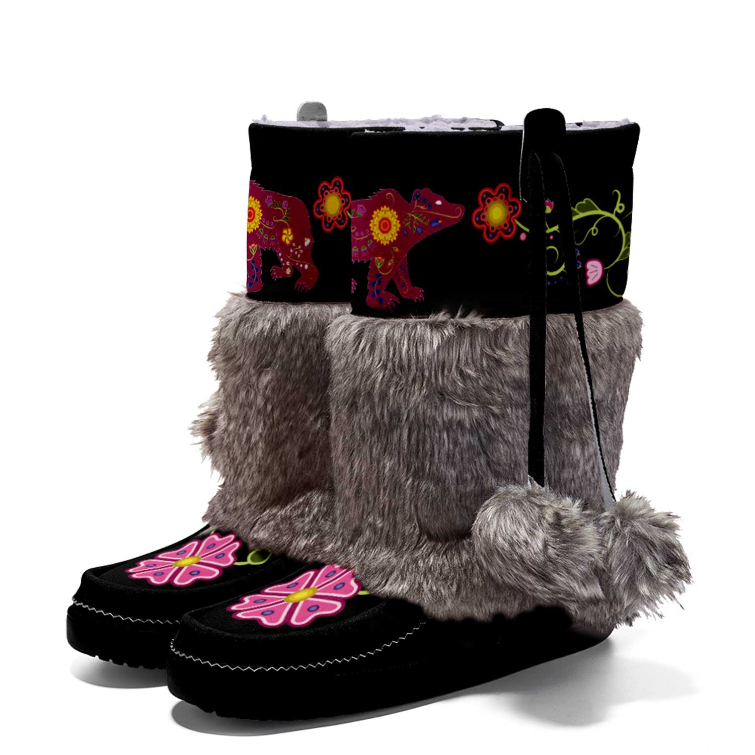 Floral Maskwa Black Real Leather MocLux with Fur