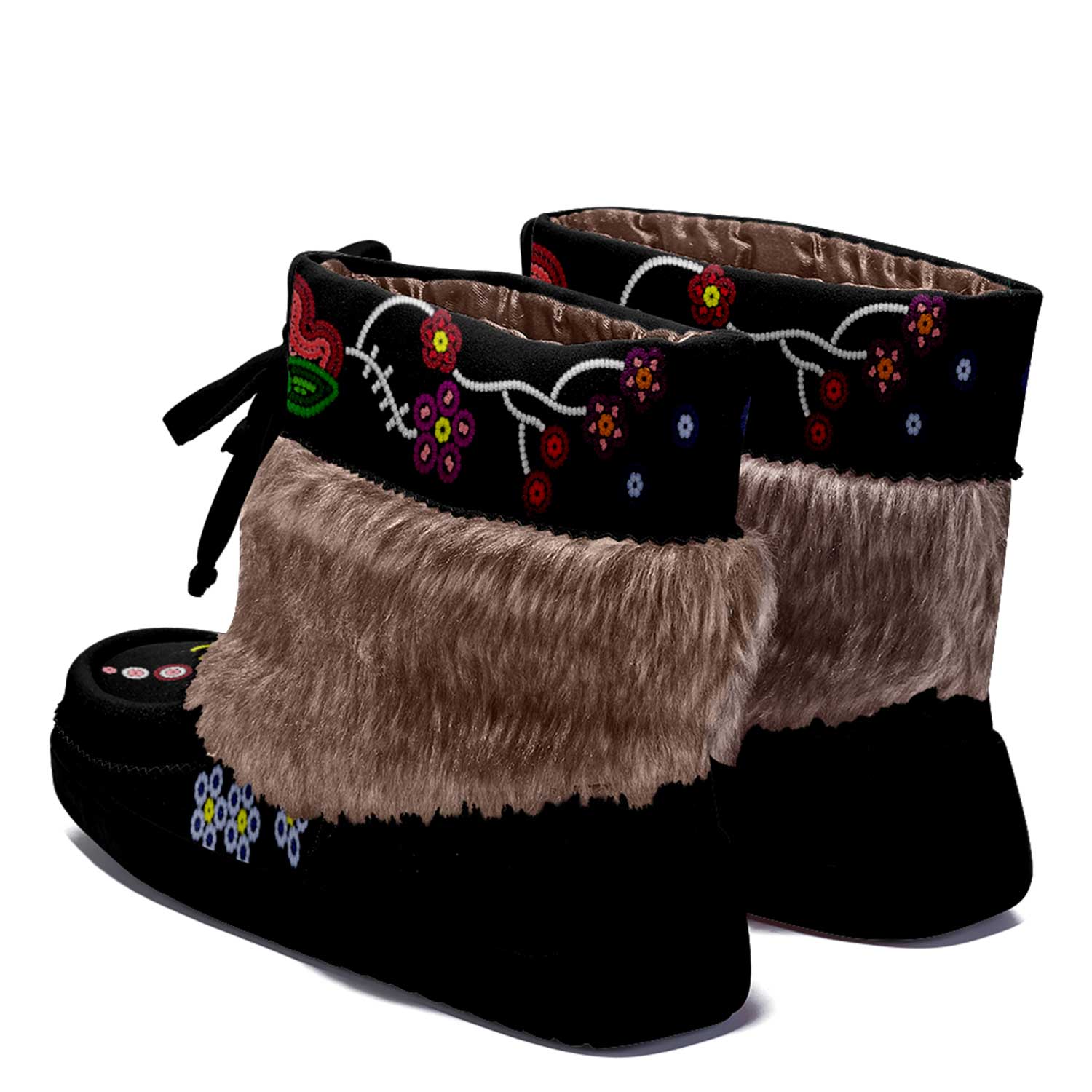 Beaded Gifts Black Leather MocLux Short Style with Fur