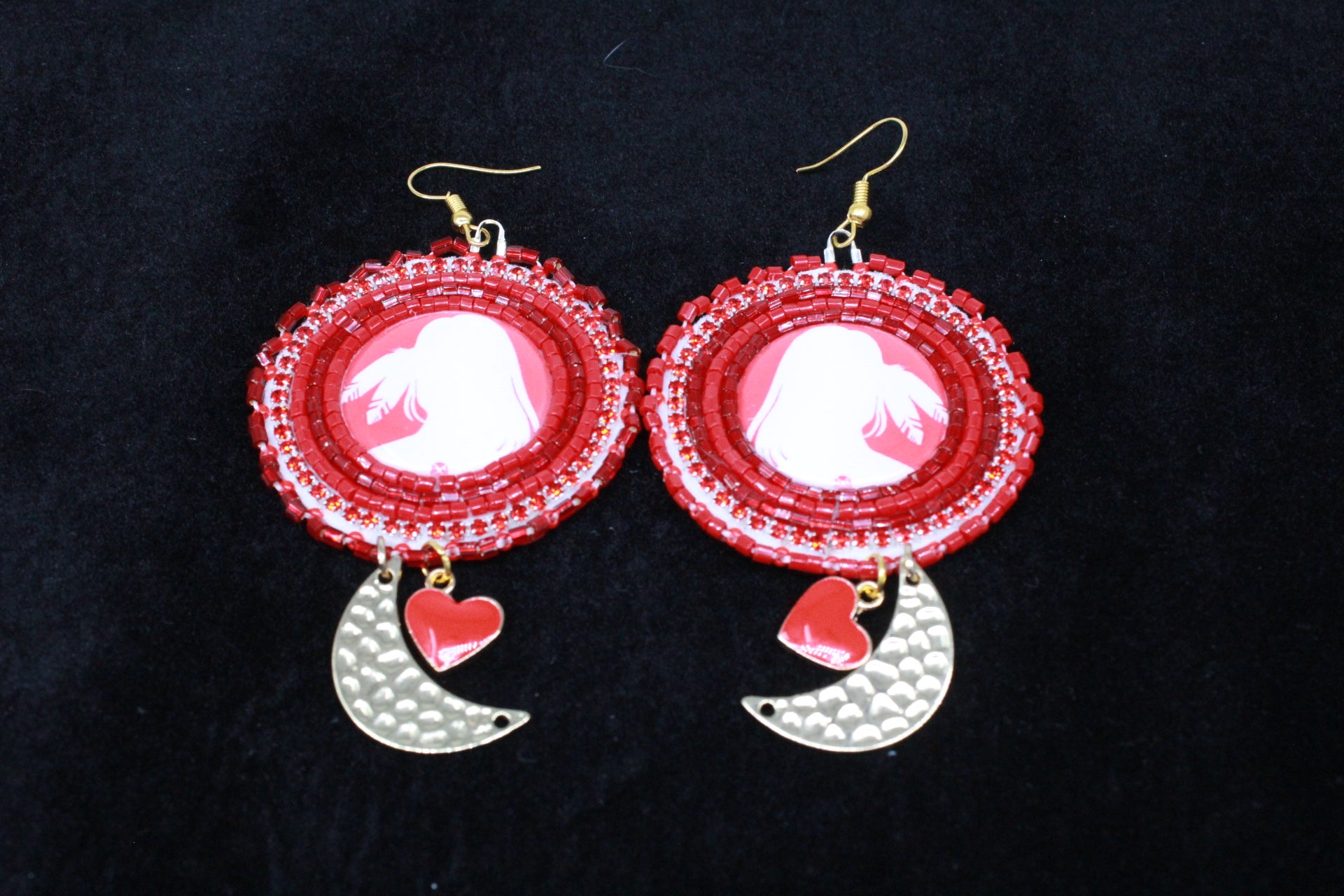 MMIW Red Beaded Earrings w Moon Dangles