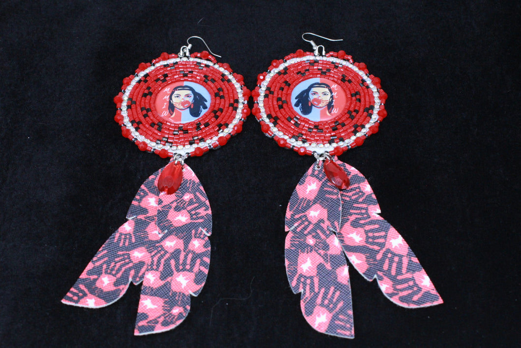MMIW Red Earrings w Vinyl Feathers