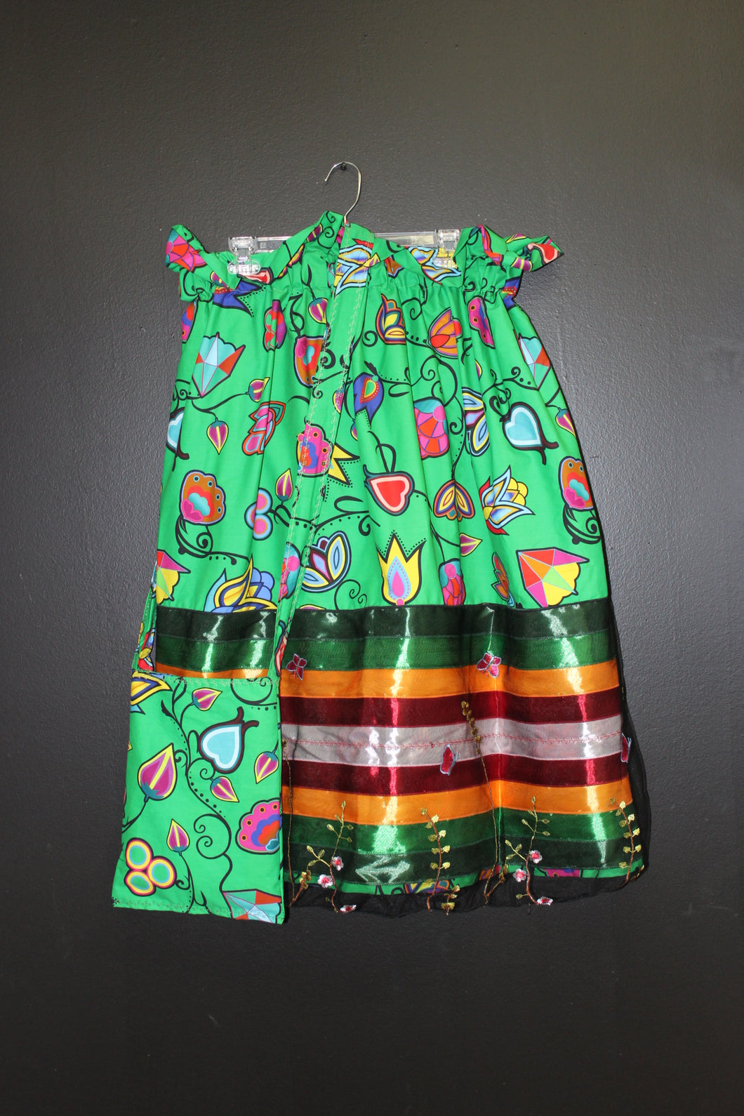 Indigenous Paisley Green Overlay Ribbon Skirt w/ Bag