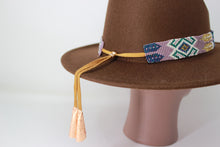 Load image into Gallery viewer, Dark Brown Fedora Hat w Purple Beaded Hat Band and Jingles
