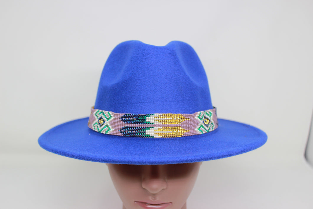 Blue Fedora Hat w Purple Beaded Hat Band and Jingles