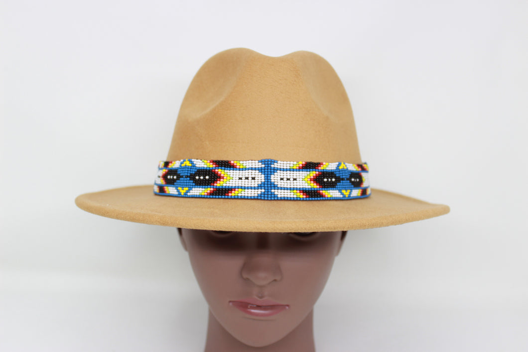 Tan Fedora Hat w Baby Blue Beaded Hat Band and Jingles
